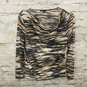 Chaus Tan Black Printed Drop Front Top